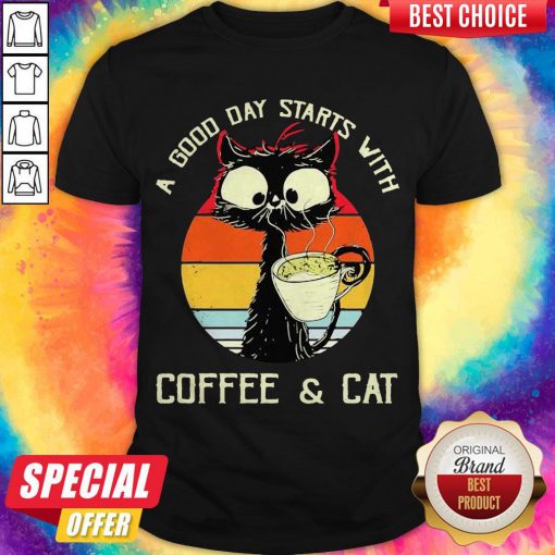 Black Cat A Good Day Starts With Coffee And Cat Vintage Retro Shirt