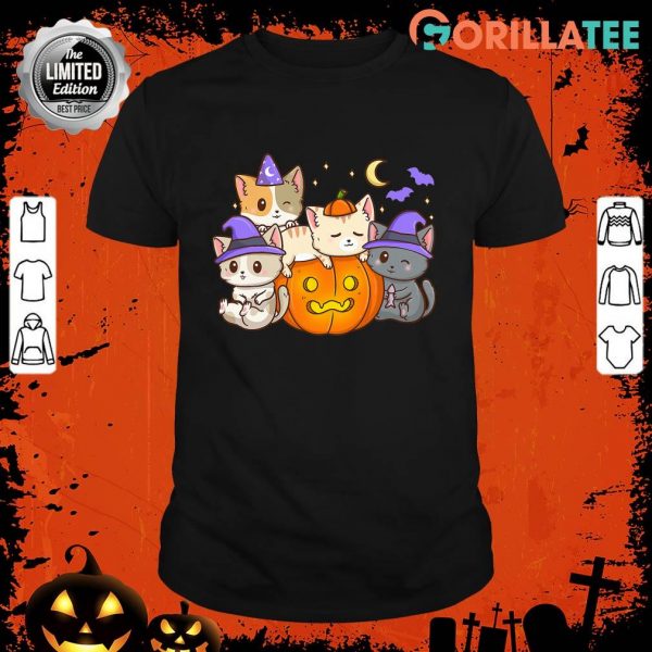 Halloween Cats Anime Cat Kawaii Neko Pumpkin Cat Lover Witch Shirt