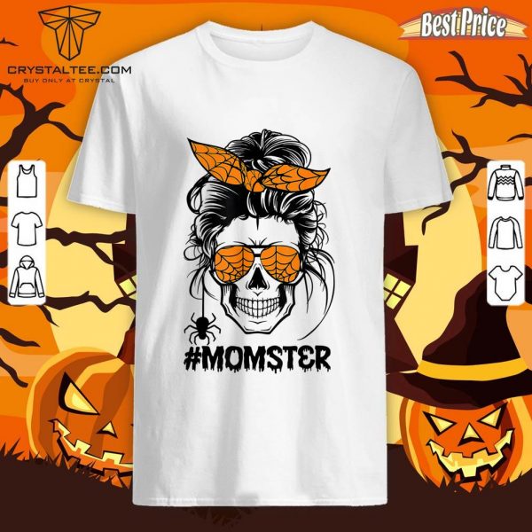 Momster Halloween Costume Skull Mom Messy Hair Bun Monster Shirt