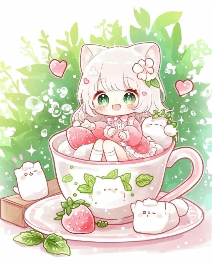 Hình anime dễ thương chibi cốc trà