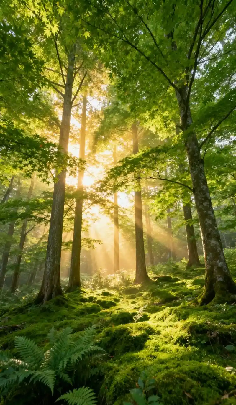 Hình nền phong cảnh núi rừng ánh sáng phản chiếu