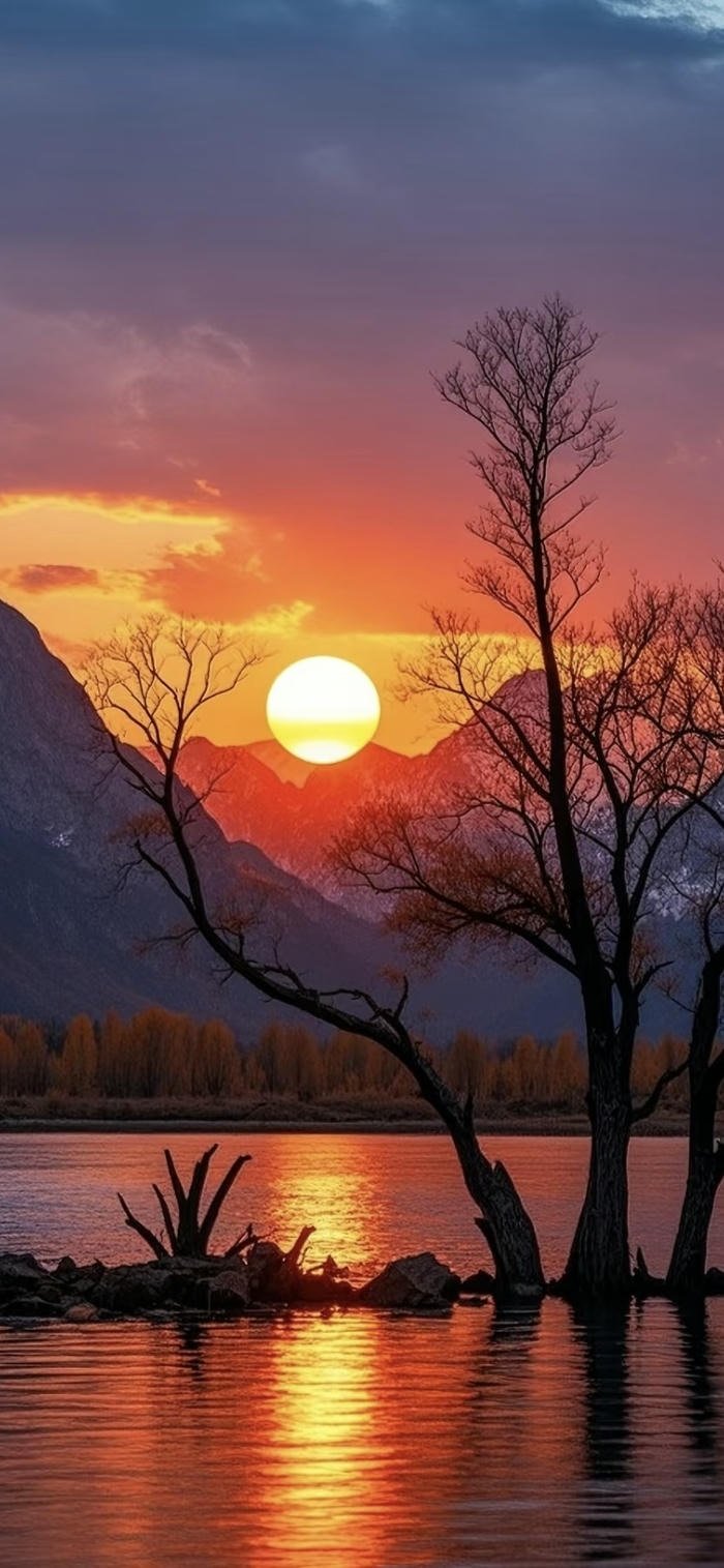 ảnh nền hoàng hôn núi và hồ