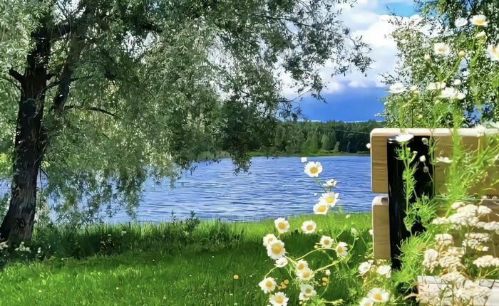 hình nền máy tính hoa bên hồ