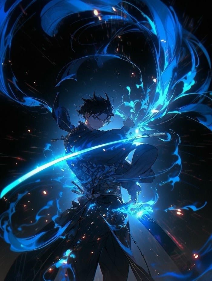 Hình ảnh anime chiến binh phát ra ánh sáng xanh