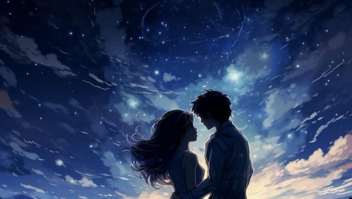 Hình ảnh anime đôi lãng mạn dưới trời đầy sao