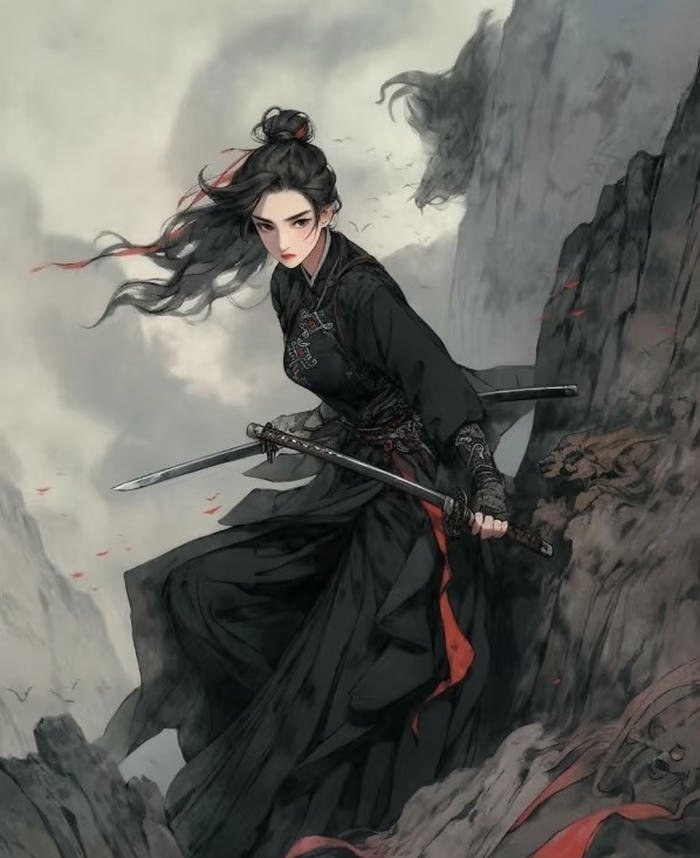 Hình ảnh anime nữ kiếm sĩ lạnh lùng bóng tối phủ