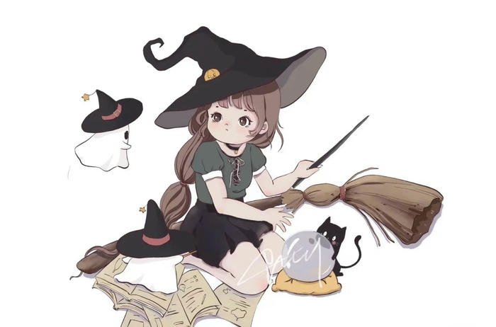 Hình ảnh anime phù thủy dễ thương bay trên chổi