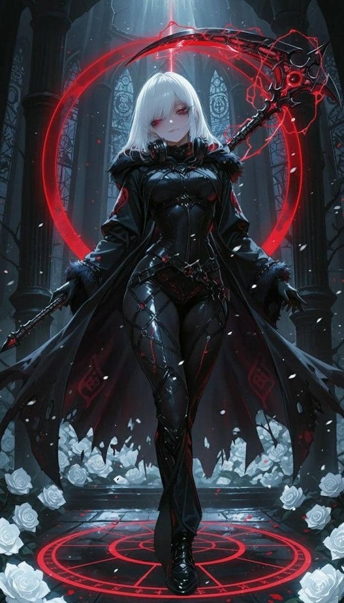 Hình ảnh nữ anime chiến binh bóng tối aura đỏ