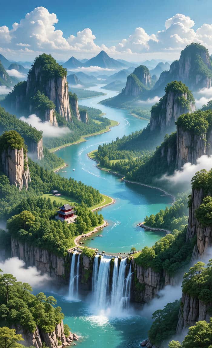 Hình phong thuỷ thác nước bình yên