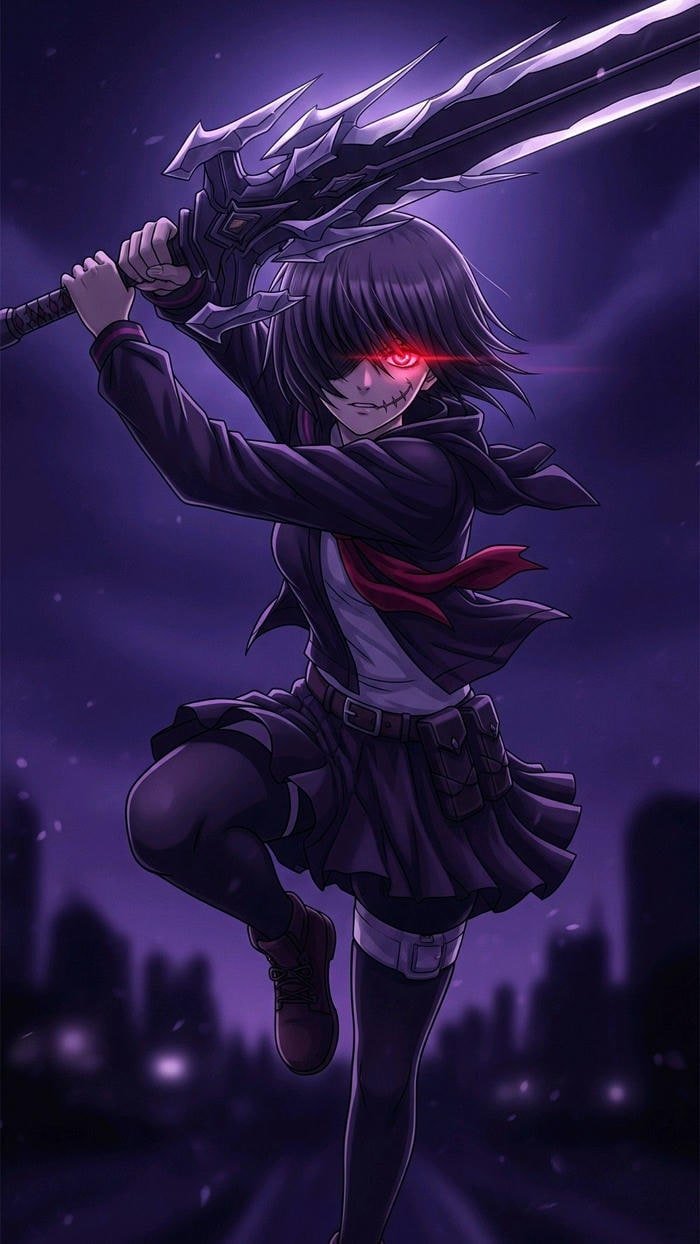 Nữ chiến binh anime đẹp phát ra ánh tím