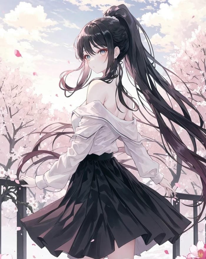 ảnh anime girl tóc đen dịu dàng dưới ánh nắng