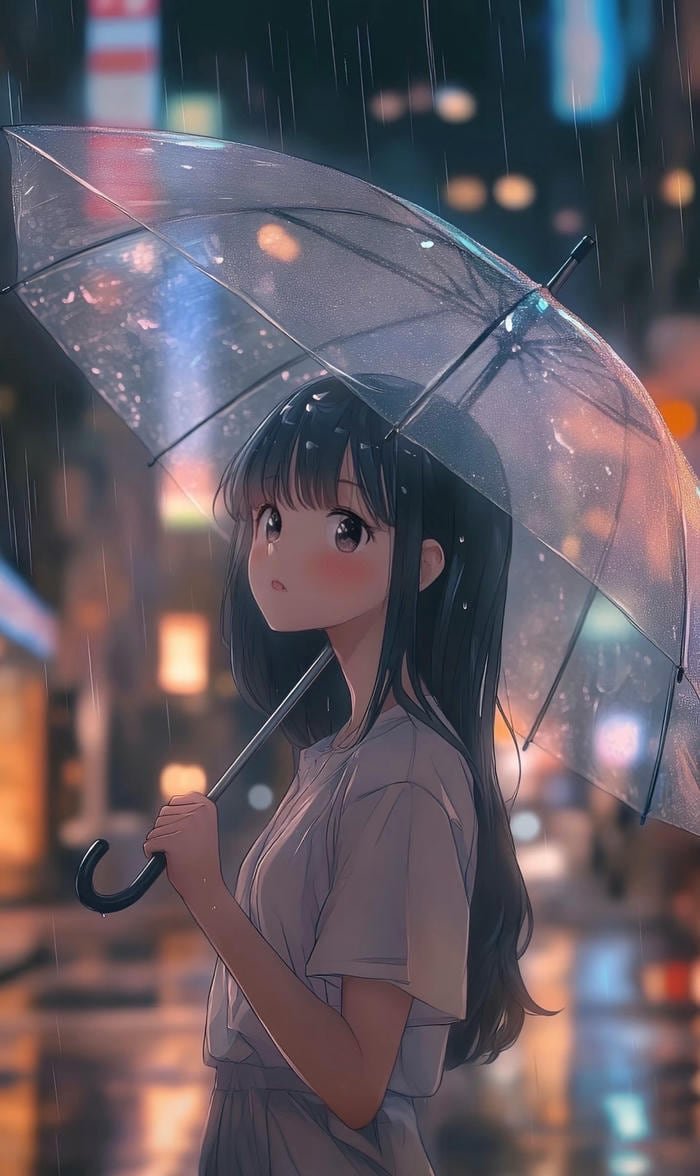 ảnh anime girl tóc đen dịu dàng dưới mưa