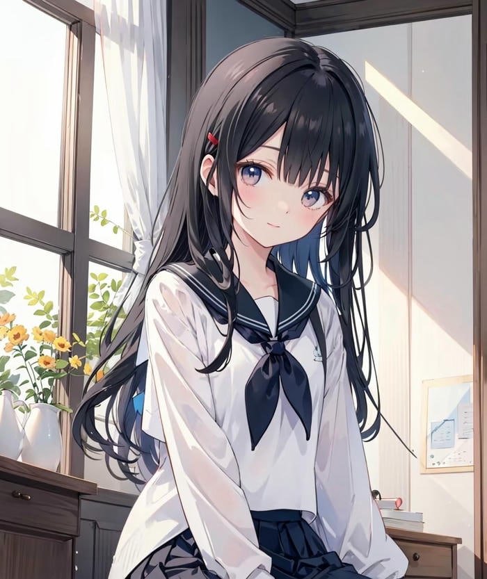 ảnh anime girl tóc đen dịu dàng ngồi bên cửa sổ
