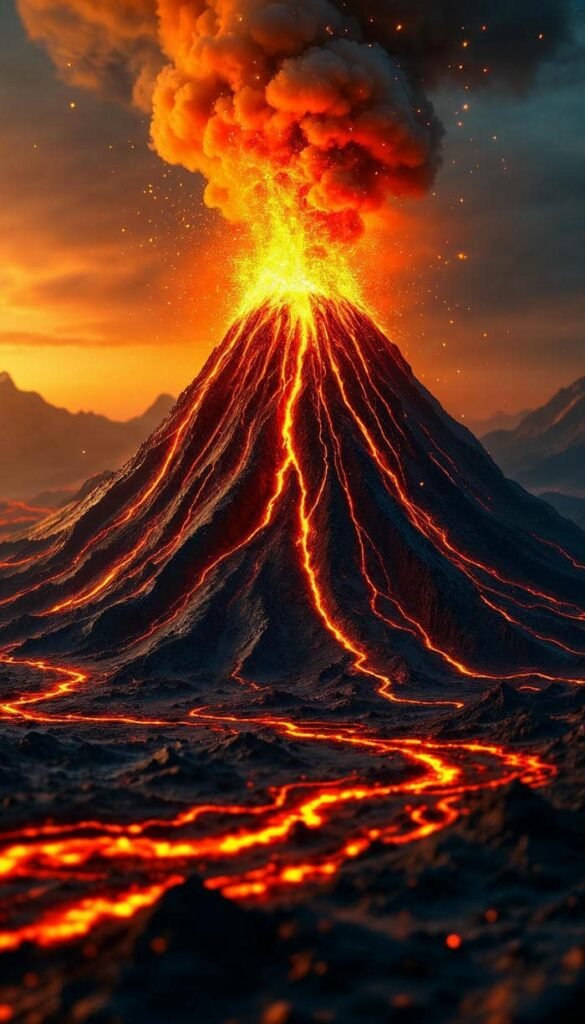 ảnh nền núi lửa đỏ rực phun trào