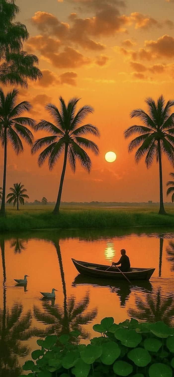 ảnh nền phong cảnh đồng quê hoàng hôn bên sông