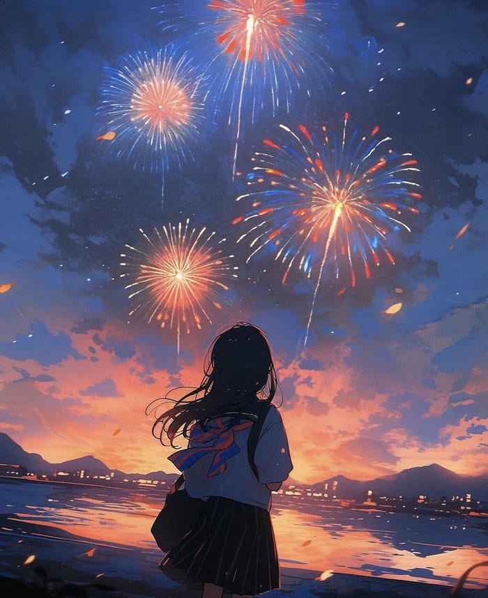 anime chill buổi tối bầu trời pháo hoa