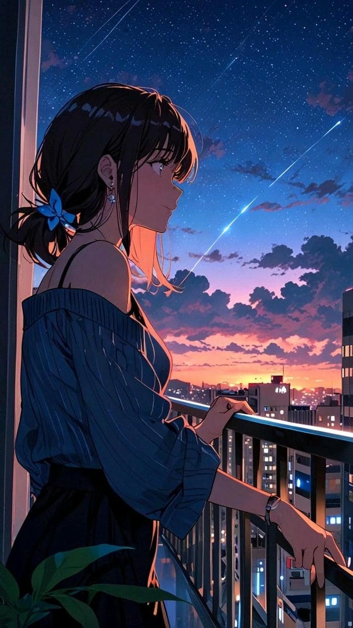 anime chill buổi tối bên khung cửa