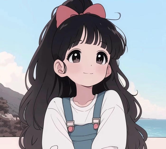 anime girl tóc đen dịu dàng mỉm cười nhẹ