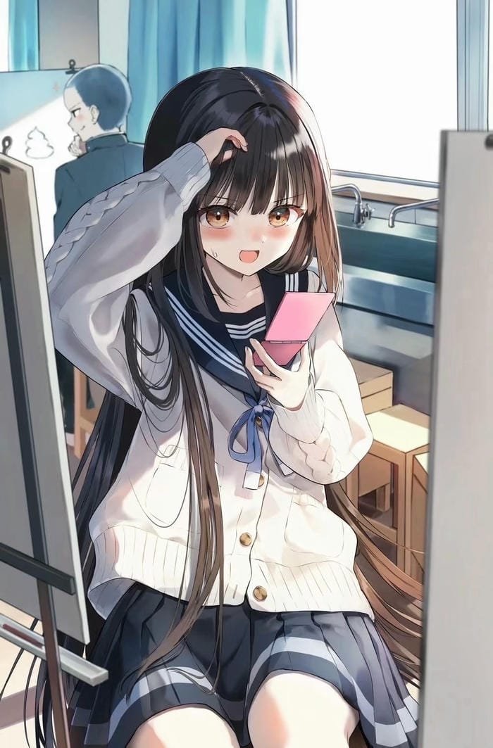 anime girl tóc đen dịu dàng phong cách học sinh