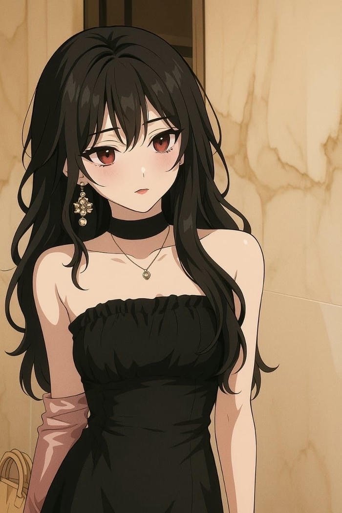 anime girl tóc đen dịu dàng phong cách nữ tính