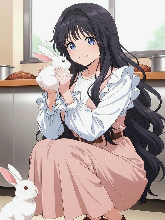 anime girl tóc đen dịu dàng với nụ cười nhỏ