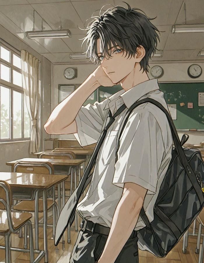 anime học sinh ngầu bước đi giữa hành lang trống