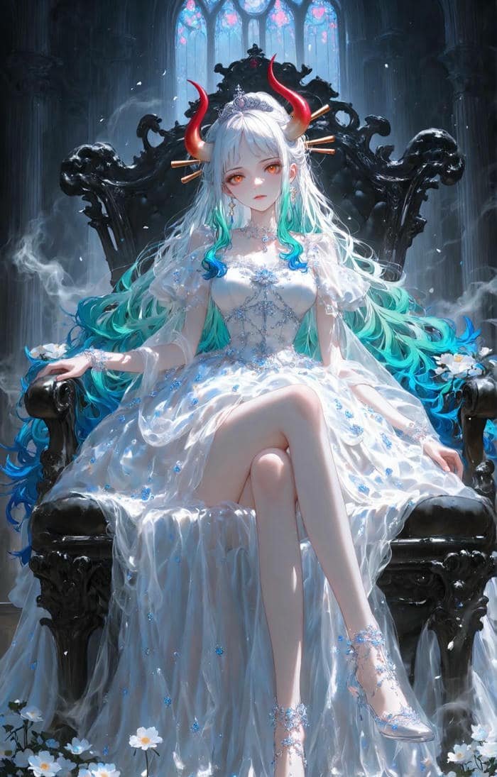 anime nữ hoàng quyền lực mặc váy sang trọng