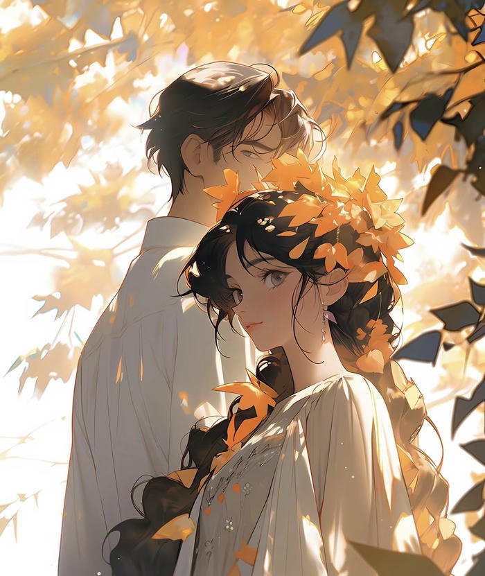 bức họa cặp anime giữa rừng thu