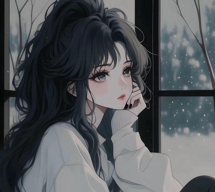 hình ảnh anime girl tóc đen dịu dàng nhìn xa xăm