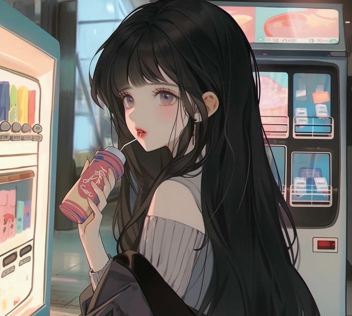 hình ảnh anime girl tóc đen dịu dàng trong gió nhẹ