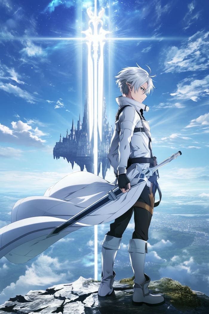 hình ảnh anime hiệp sĩ ánh sáng đứng trên vách núi