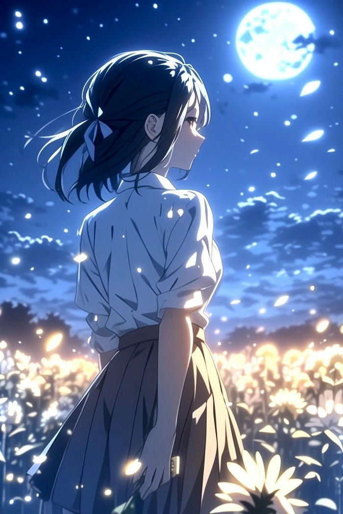 hình anime chill buổi tối ánh trăng