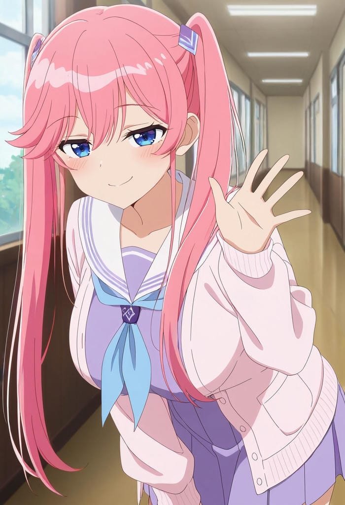 hình anime cô gái tóc hồng được thể hiện với nét vẽ tối giản mềm