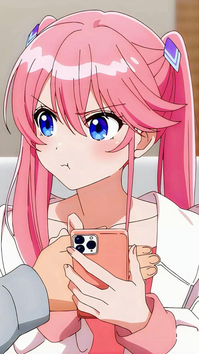 hình anime cô gái tóc hồng trong bố cục ảnh màu sắc nhẹ nhàng