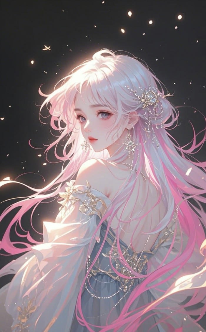 hình anime cô gái tóc hồng trong hình minh họa phong cách tối giản