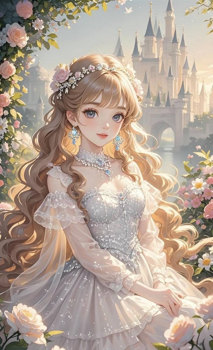 hình anime công chúa cổ tích đang đứng giữa lâu đài