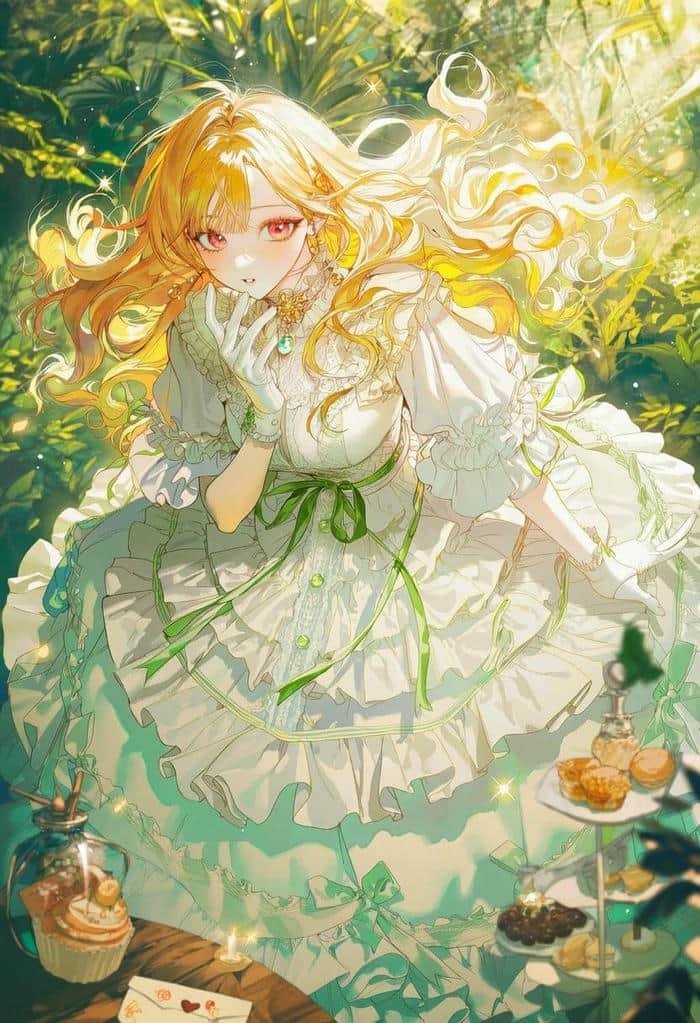 hình anime công chúa cổ tích đang ngồi trong rừng