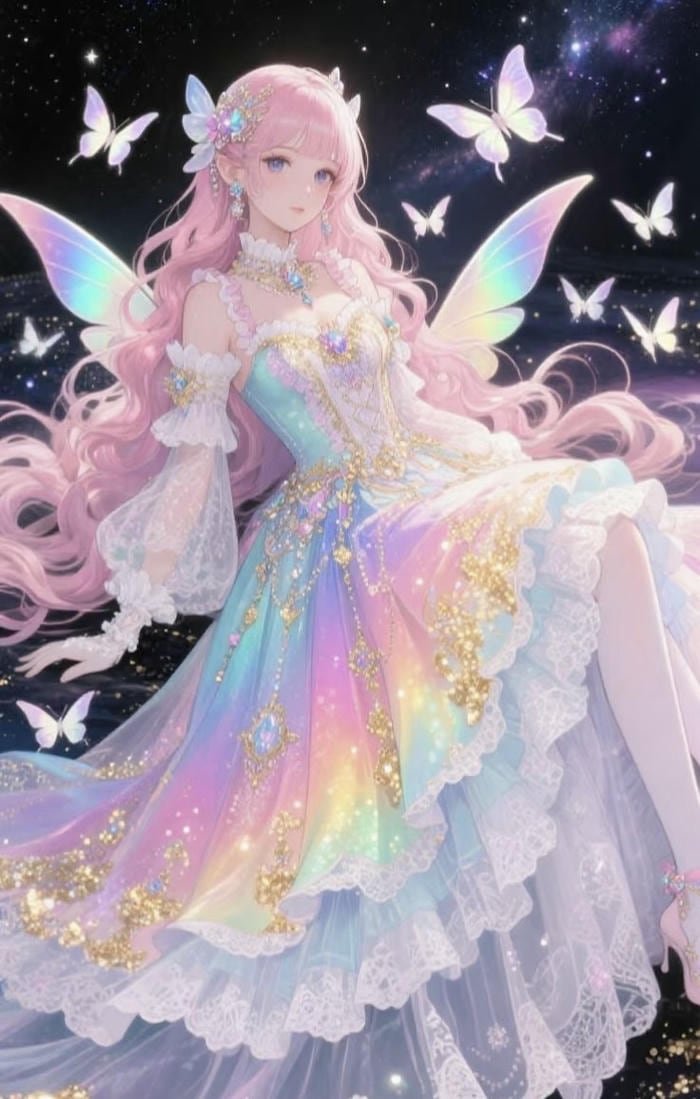 hình anime công chúa cổ tích với chiếc váy lấp lánh