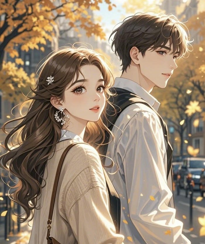 hình anime couple trong rừng lá rụng