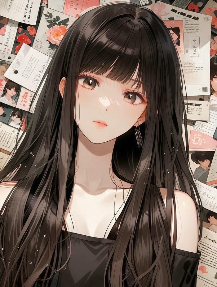 hình anime girl tóc đen buồn nhẹ