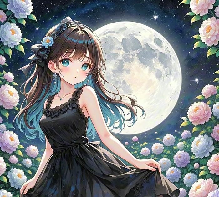 hình anime girl tóc đen dịu dàng đứng giữa vườn hoa