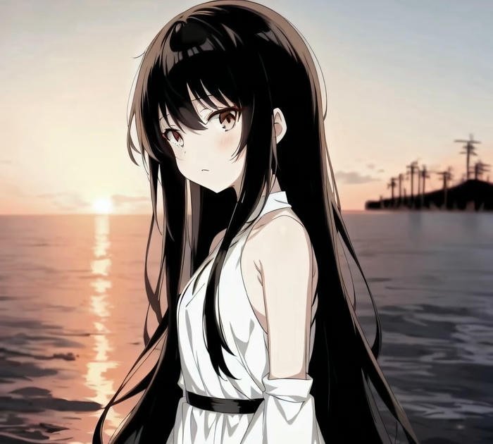 hình anime girl tóc đen dịu dàng mặc váy trắng