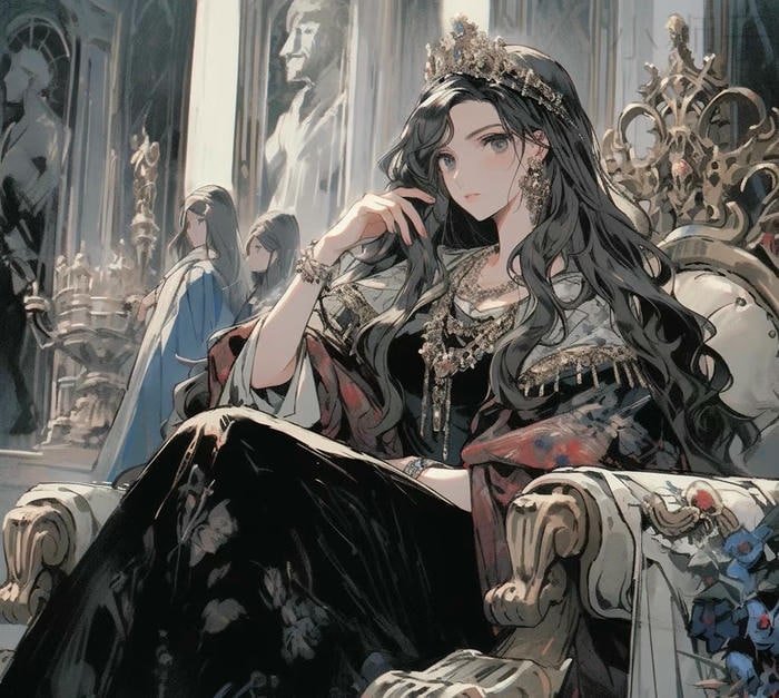 hình anime nữ hoàng quyền lực trong khung cảnh tráng lệ
