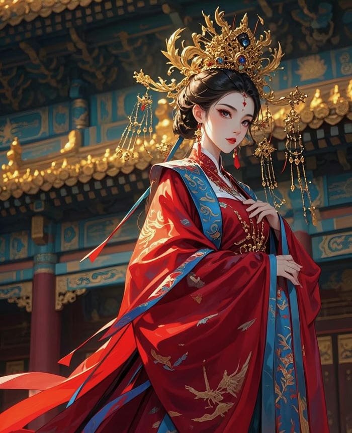 hình anime nữ hoàng quyền lực với áo choàng đỏ