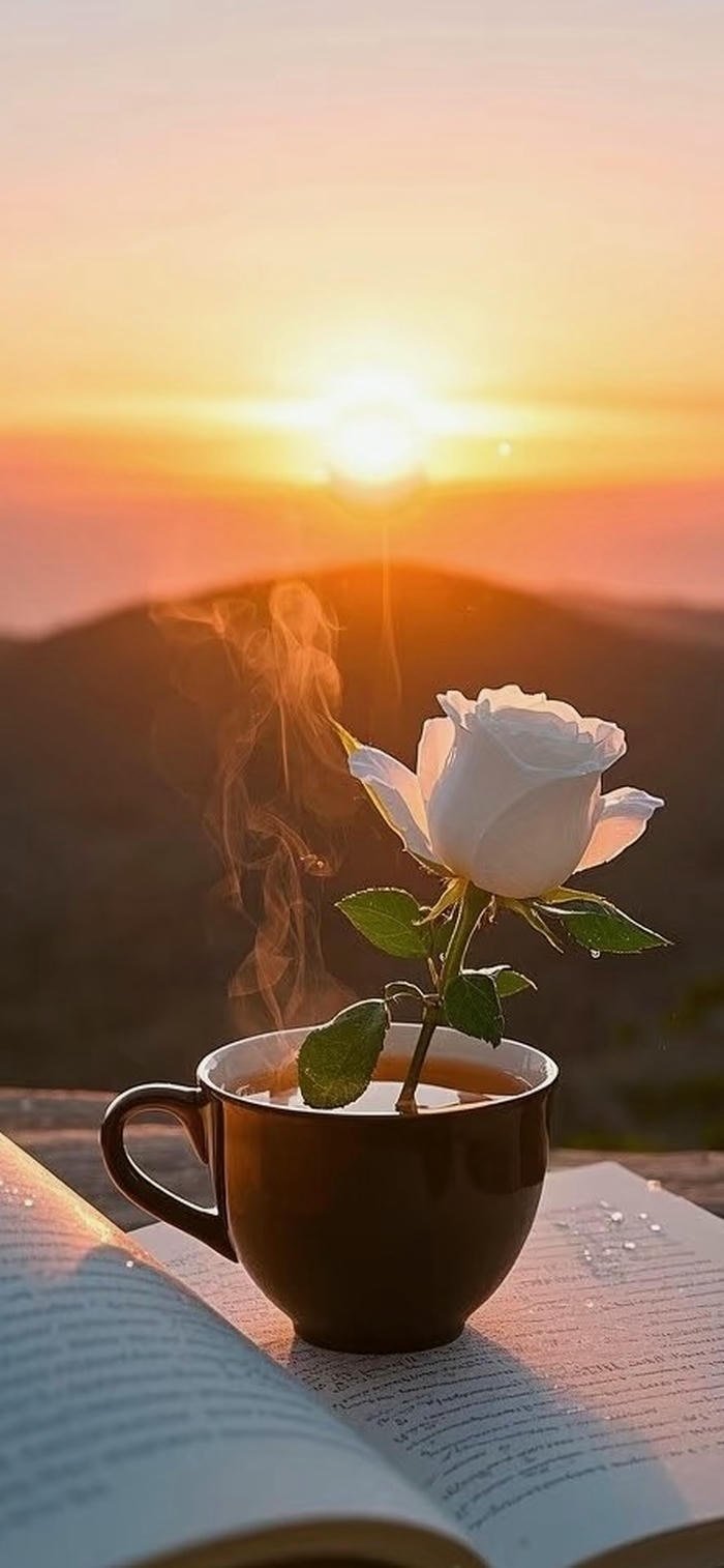 hình nền mặt trời mọc cùng ly cà phê ấm
