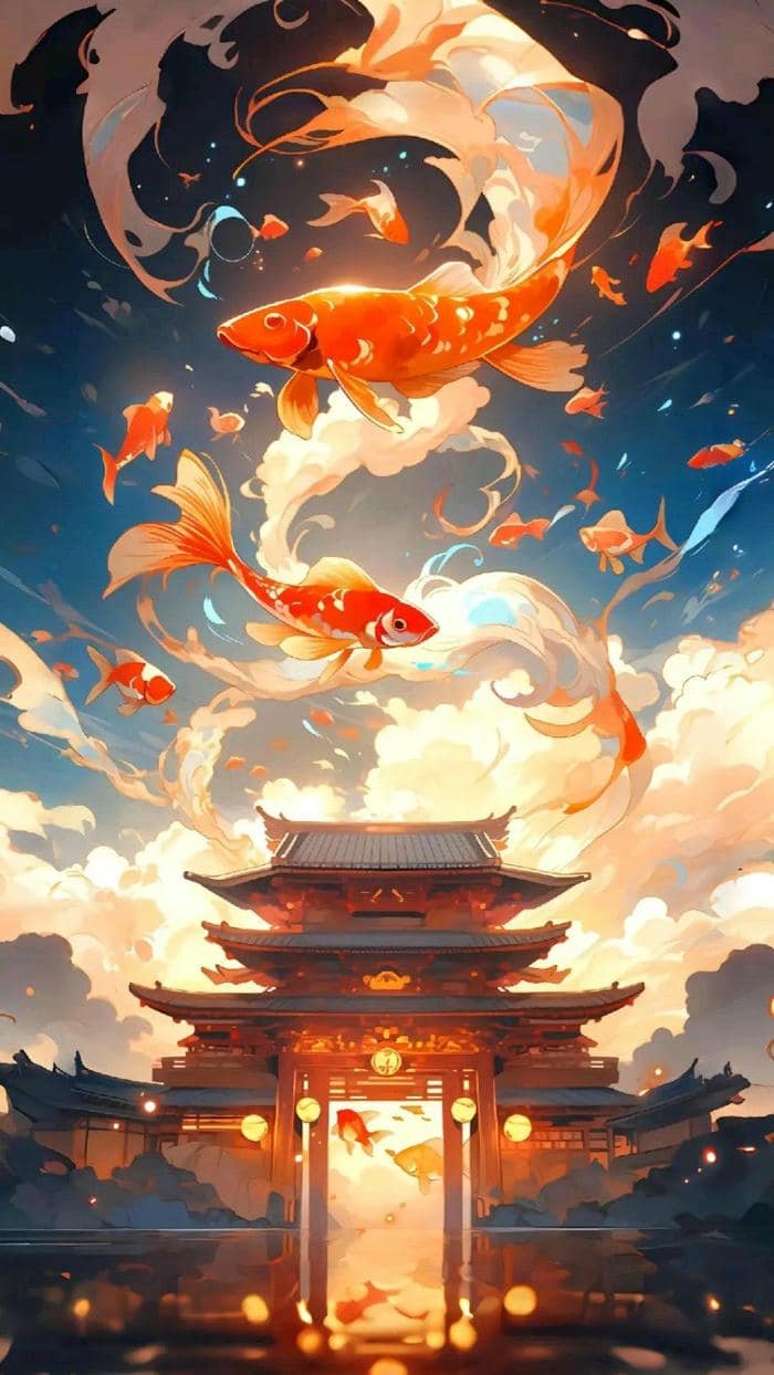hình phong thuỷ cá chép vượt vũ môn thanh thoát