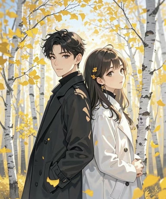 khung hình cặp đôi anime lá vàng