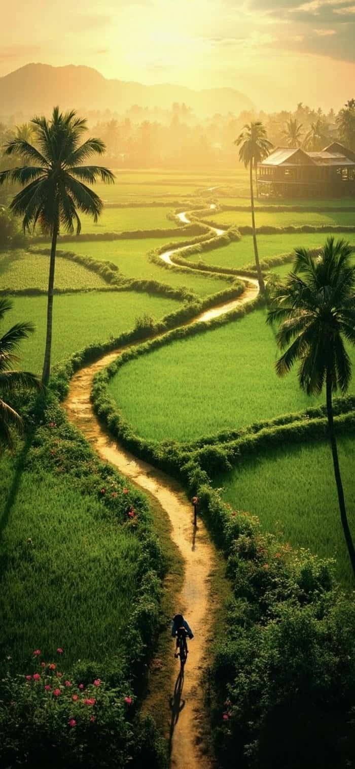 nền phong cảnh đồng quê nắng phủ kín đường làng